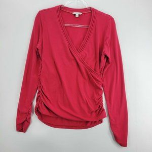Cabi Shirt Womens Large L Long Sleeve Pink Magenta Stretch Deep V-Neck Wrap Fit